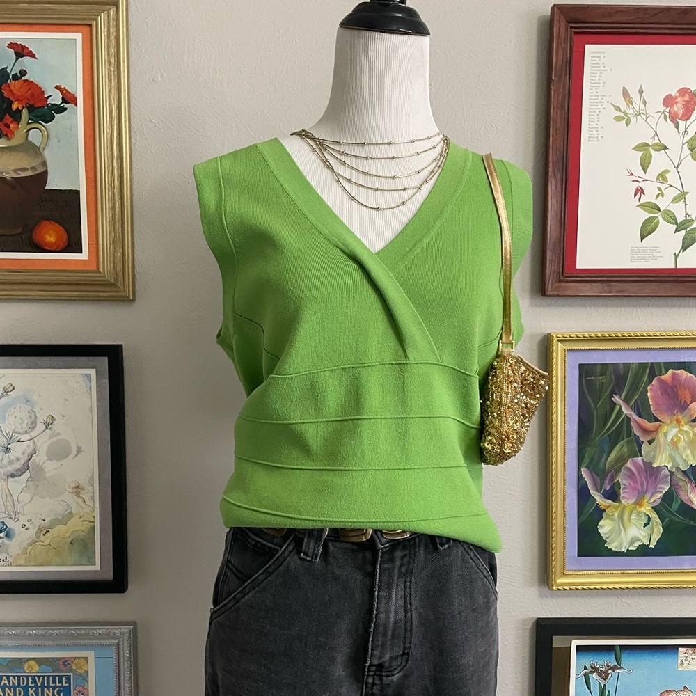 Green Bandage Knit Tank Top Y2K Stretch V Neck - Picture 2 of 7